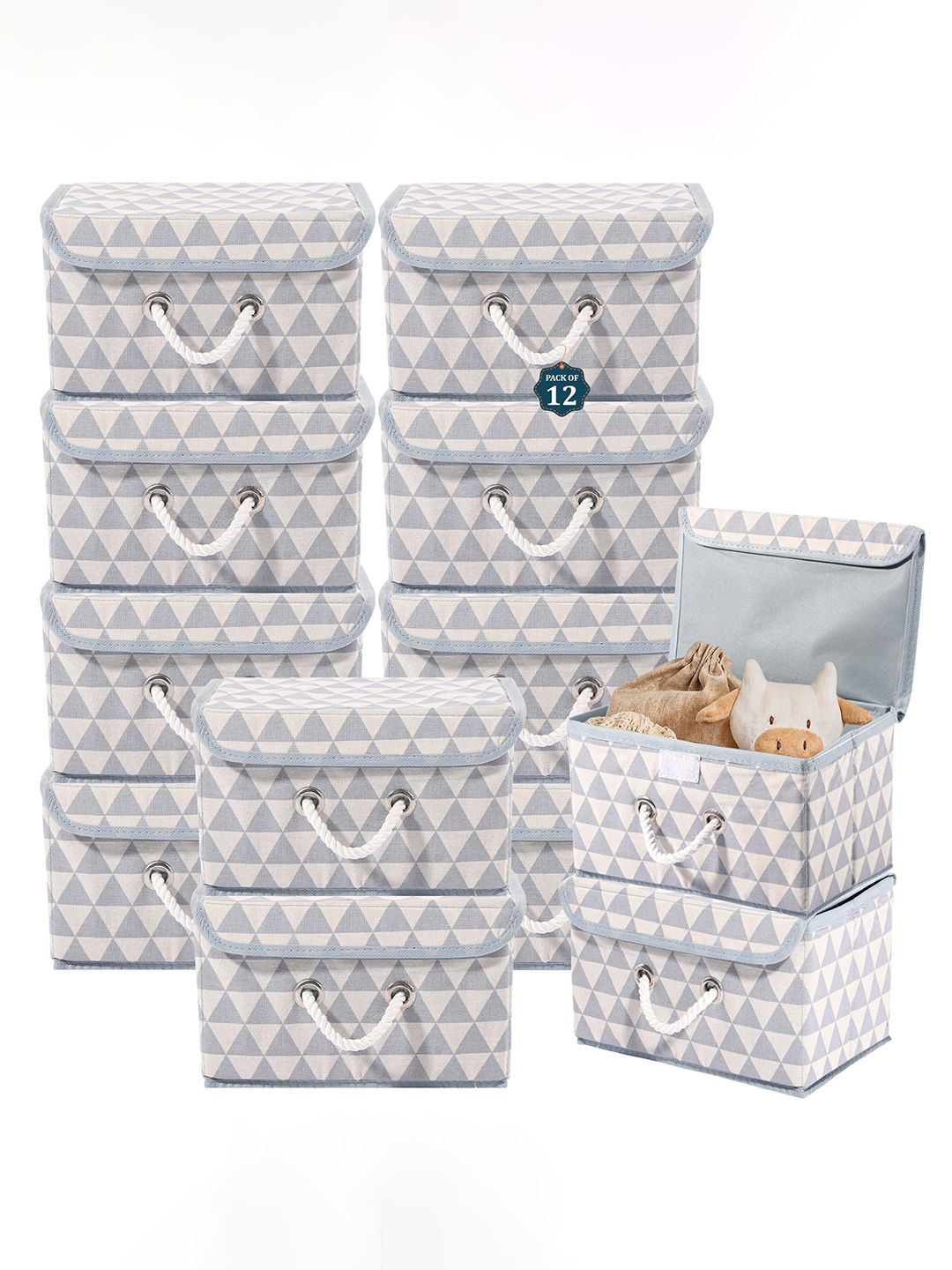 Kuber Industries Grey Set of 12 Reusable Drawer Organiser Triangle Print Storage Basket