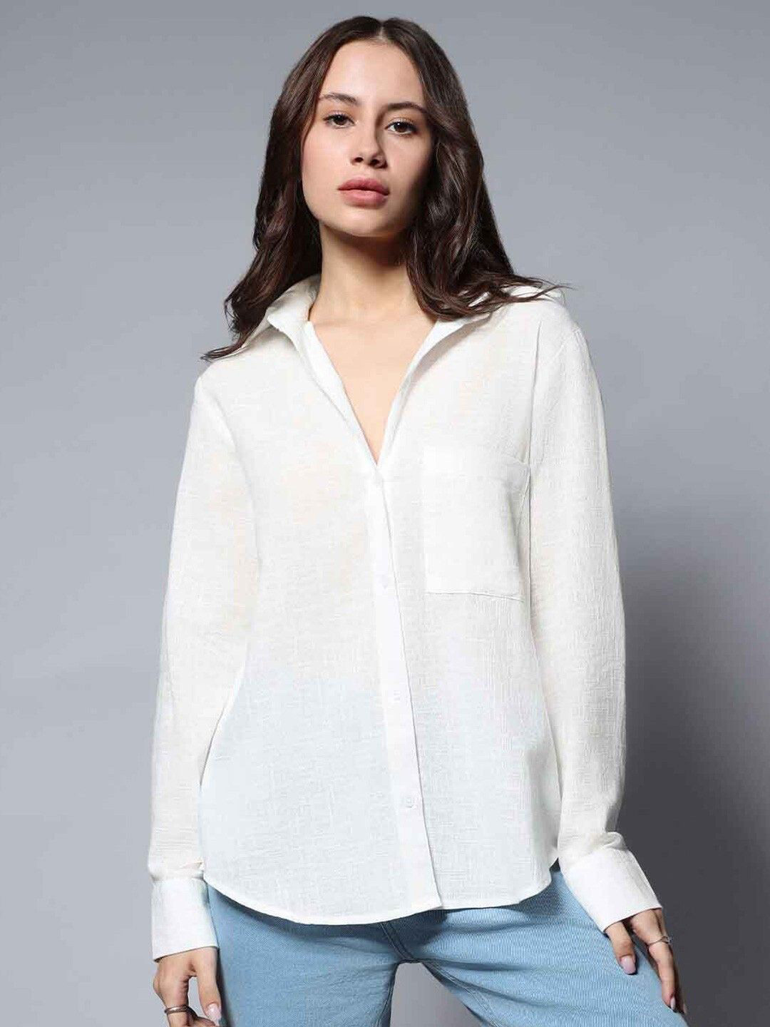WHY SO FAB Women Classic Oversized Fit Spread Collar Textured Cotton Casual Shirt