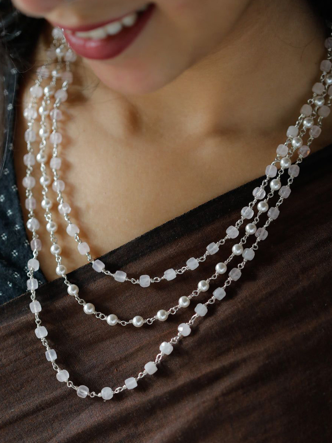 House of Aadyaa 92.5 Sterling Silver Quartz and Pearls Layered Necklace