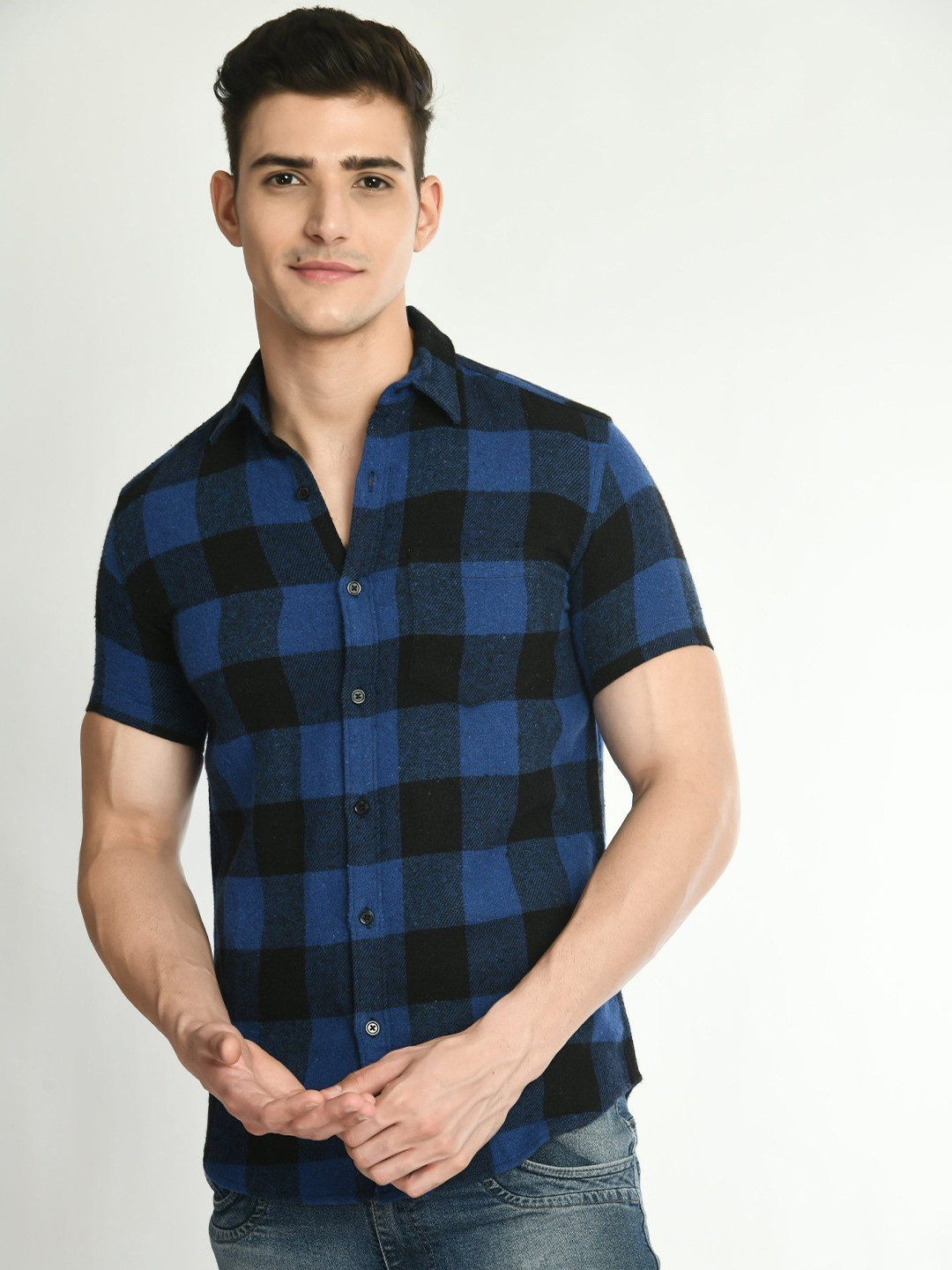 elioop Men New Slim Fit Spread Collar Gingham Checked Cotton Casual Shirt