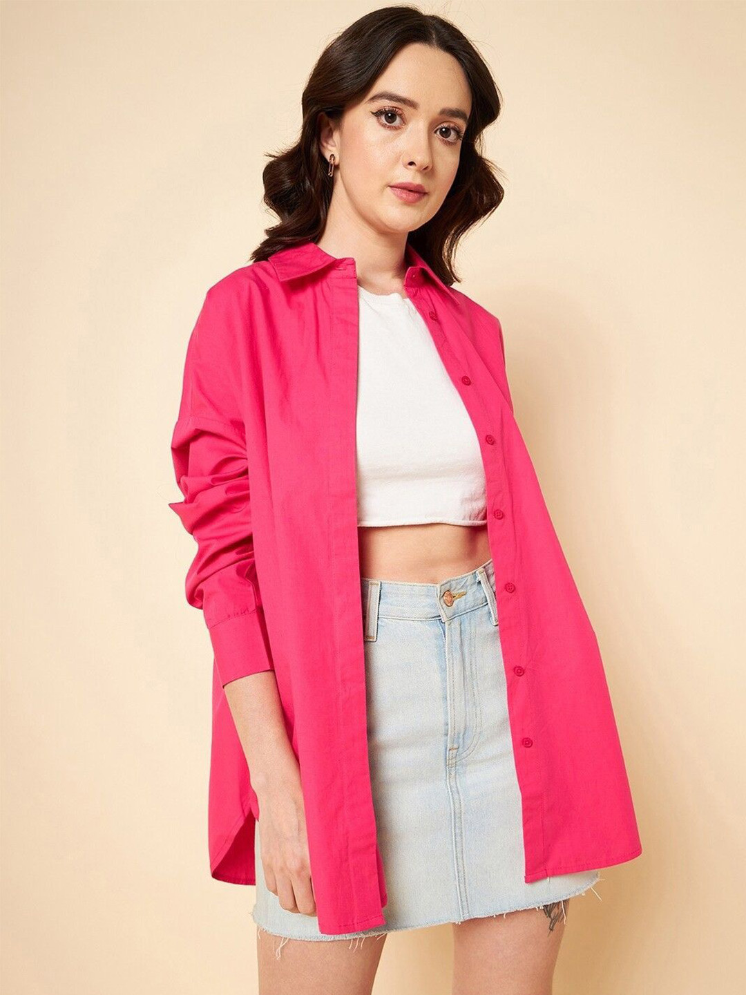 NANCHI Women Comfort Oversized Fit Spread Collar Solid Cotton Casual Shirt