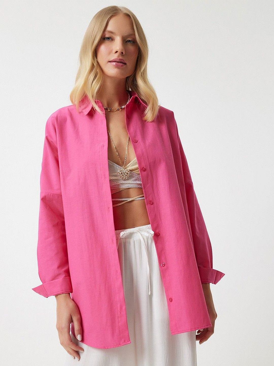 NANCHI Women Comfort Oversized Fit Spread Collar Solid Cotton Casual Shirt