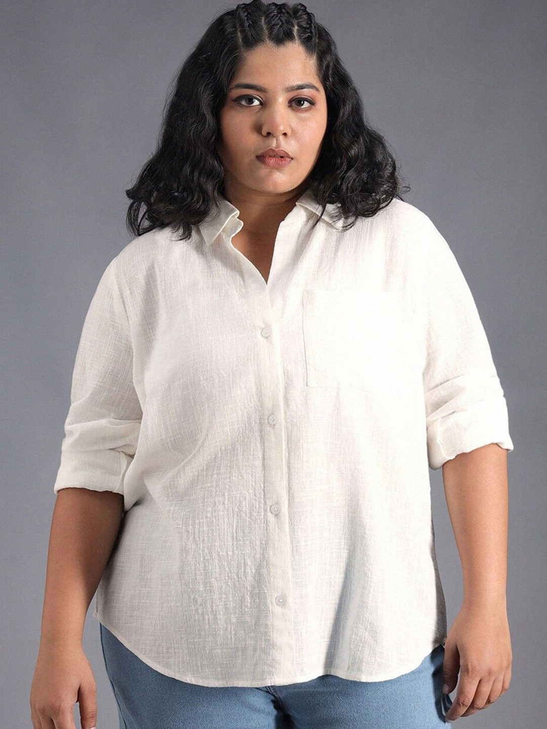 NANCHI Women Plus Size Classic Oversized Fit Spread Collar Solid Cotton Casual Shirt