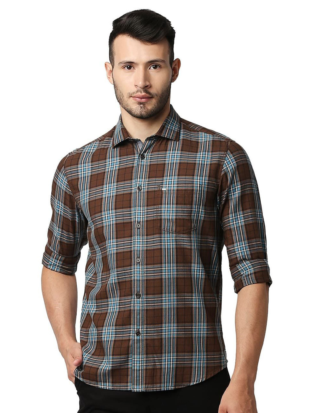 Basics Men Slim Fit Spread Collar Tartan Checked Cotton Casual Shirt