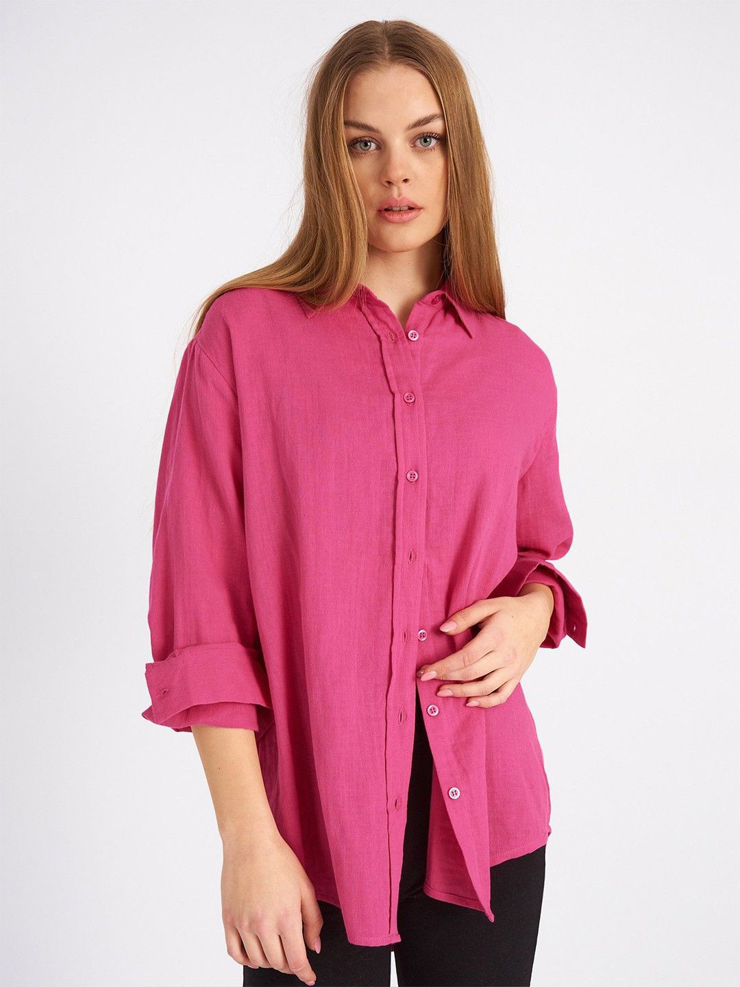 WHY SO FAB Women Comfort Oversized Fit Spread Collar Solid Cotton Casual Shirt