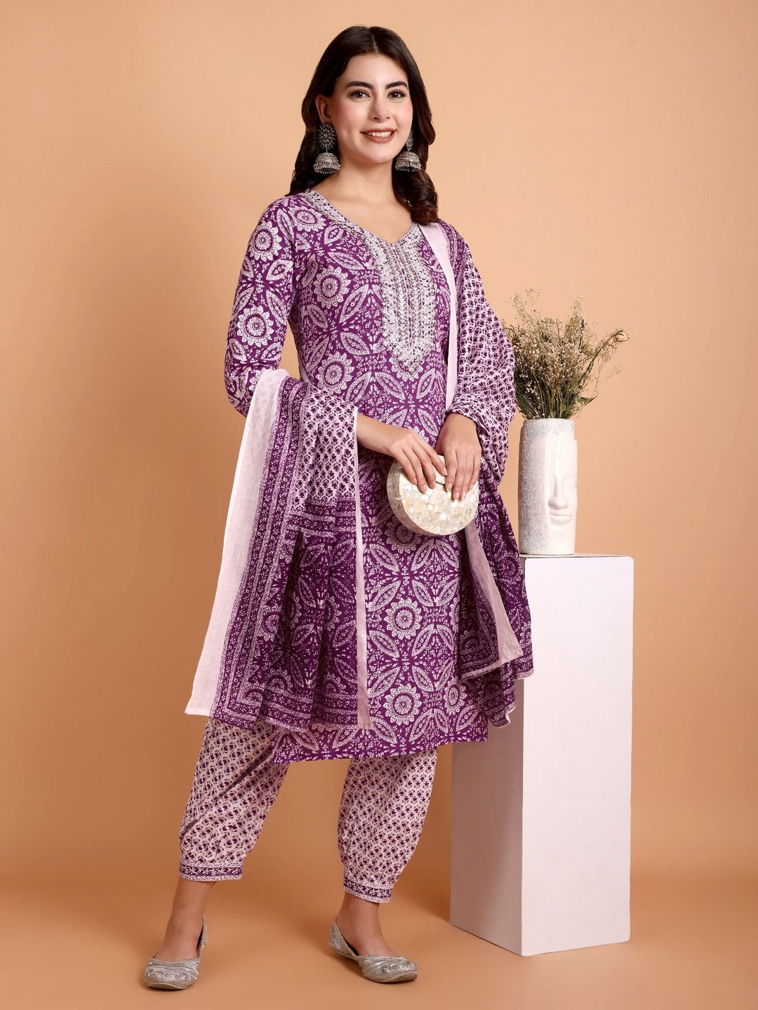 WILL BOTTOM Floral Printed Sequinned Cotton Straight Kurta With Salwar & Dupatta