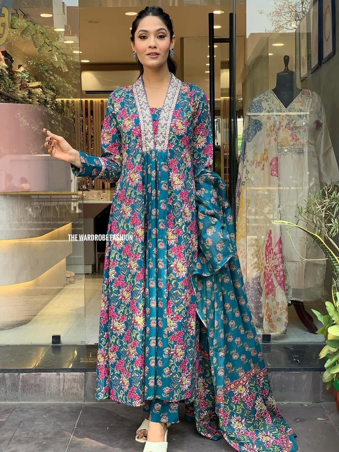 Hujum Floral Printed Thread Work Pure Cotton Anarkali Kurta With Palazzo And Dupatta