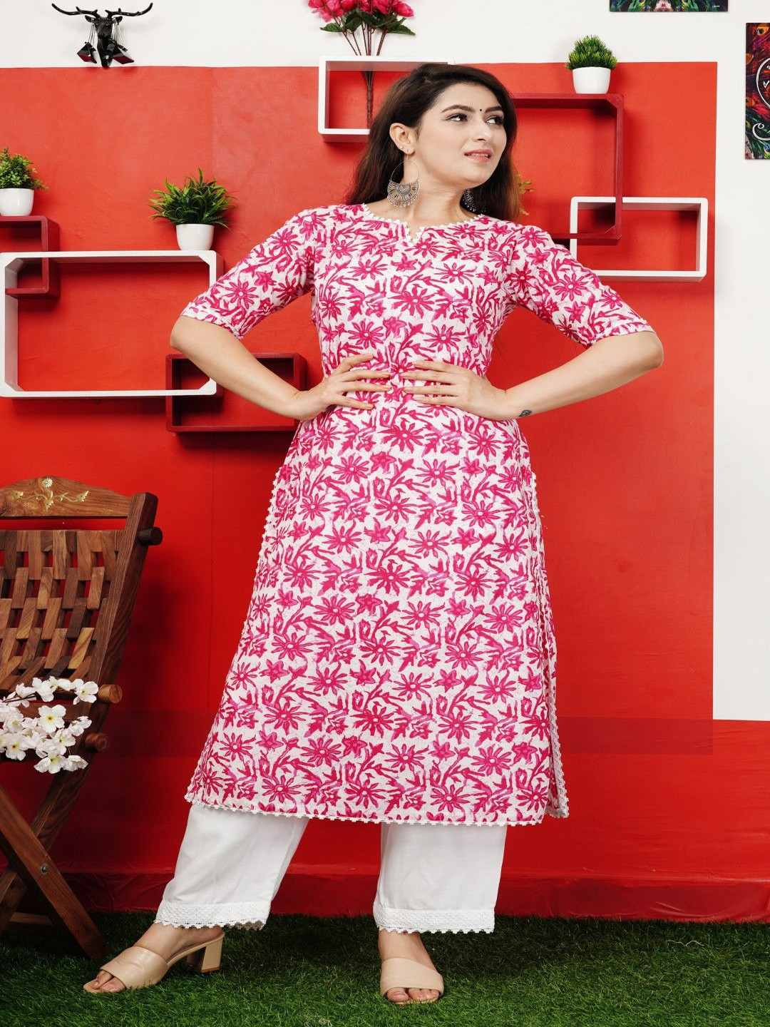 Shivaradhya Designers Floral Printed Notch Neck Pure Cotton Kurta With Trousers