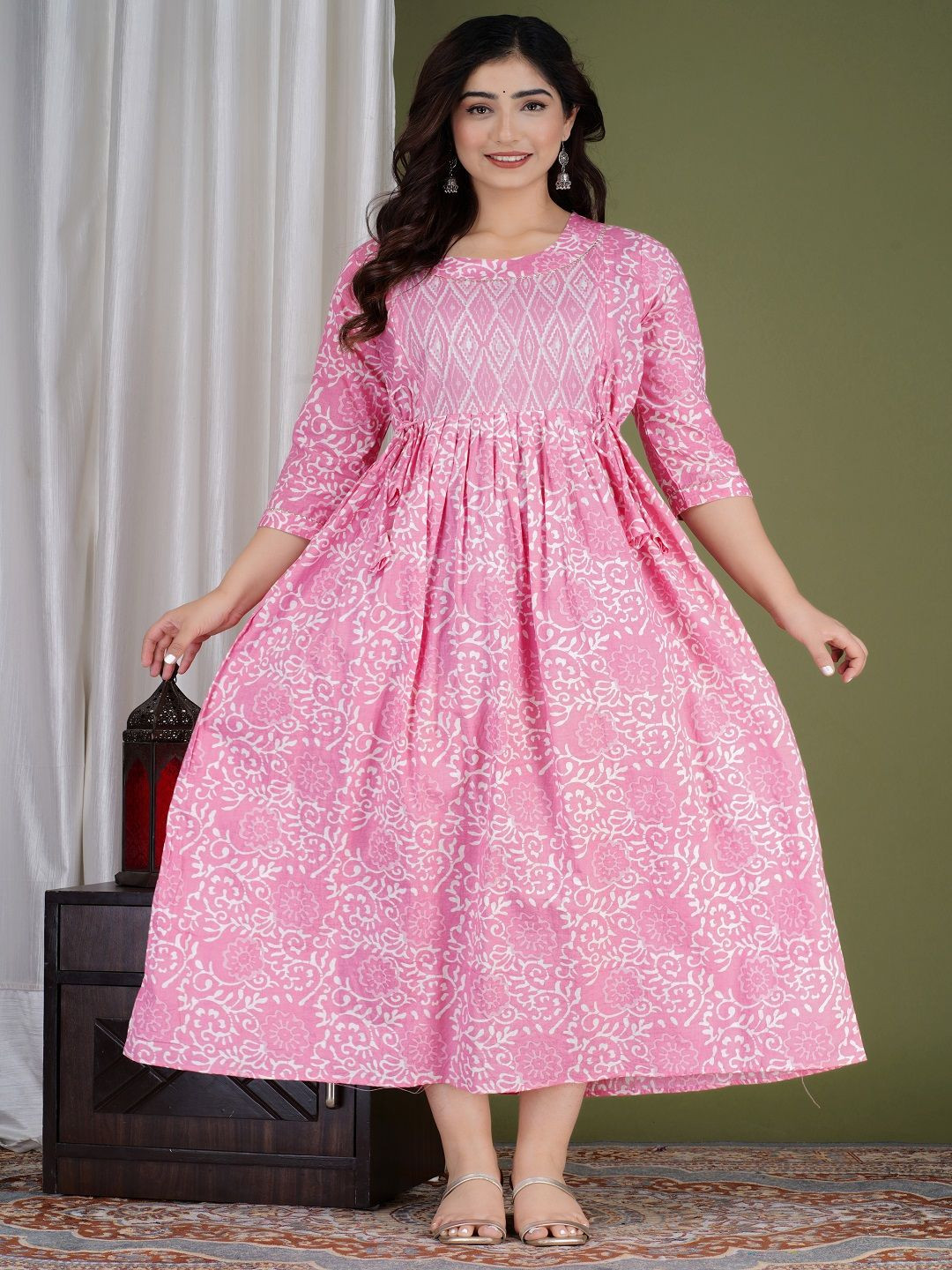 Nevisha Style Floral Printed Round Neck Gotta Patti Maternity Cotton Anarkali Ethnic Dress