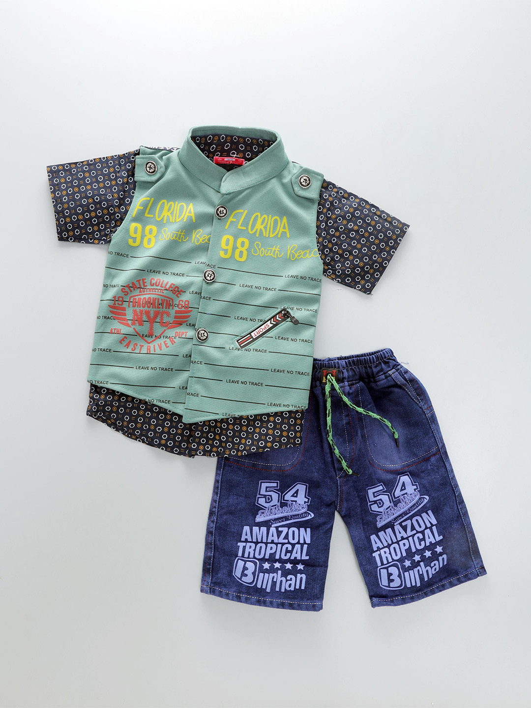 Usman Harooni Collection Boys Printed Mandarin Collar Shirt With Shorts