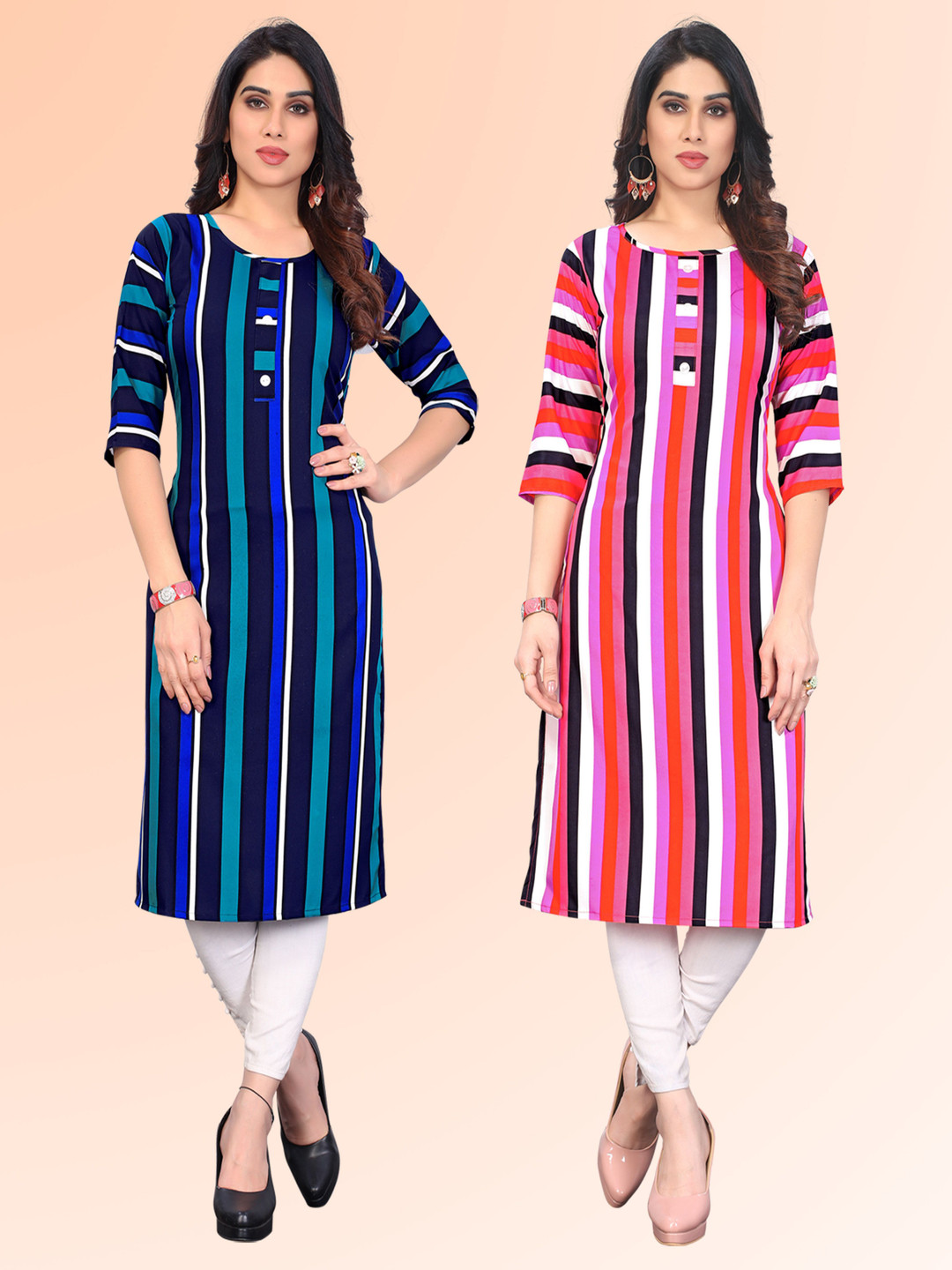 KETAKI FASHION Selection Of 2 Striped Printed Round Neck Straight Kurtas