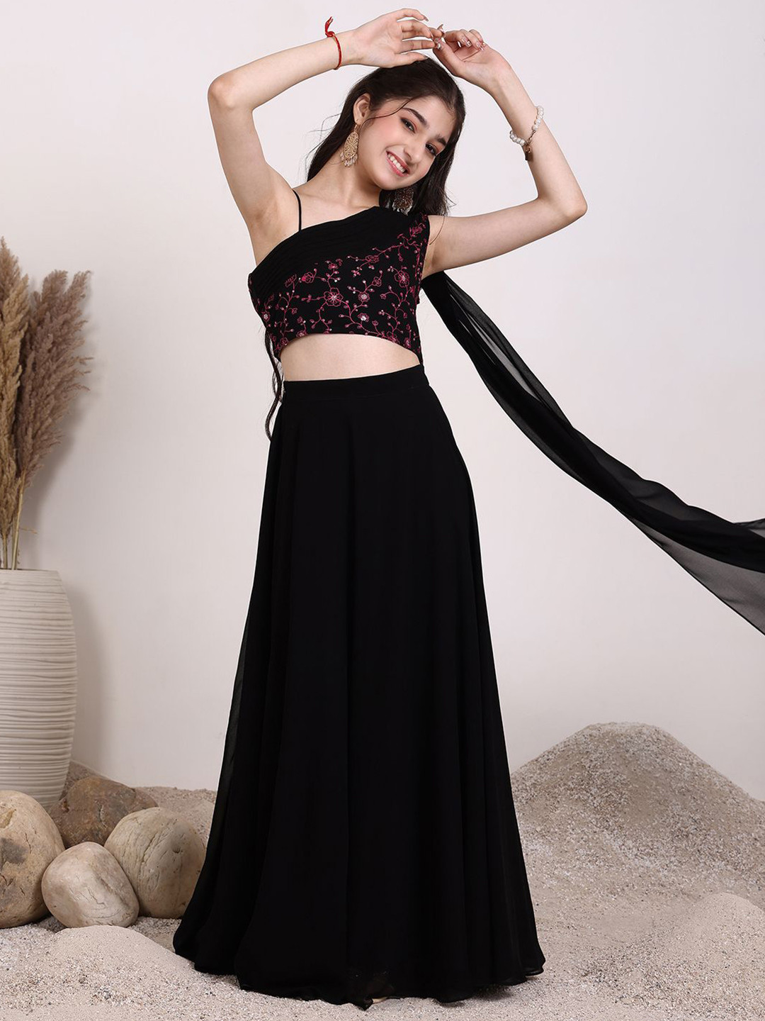 Inddus Girls Embroidered Thread Work One Shoulder Ready to Wear Lehenga & Blouse