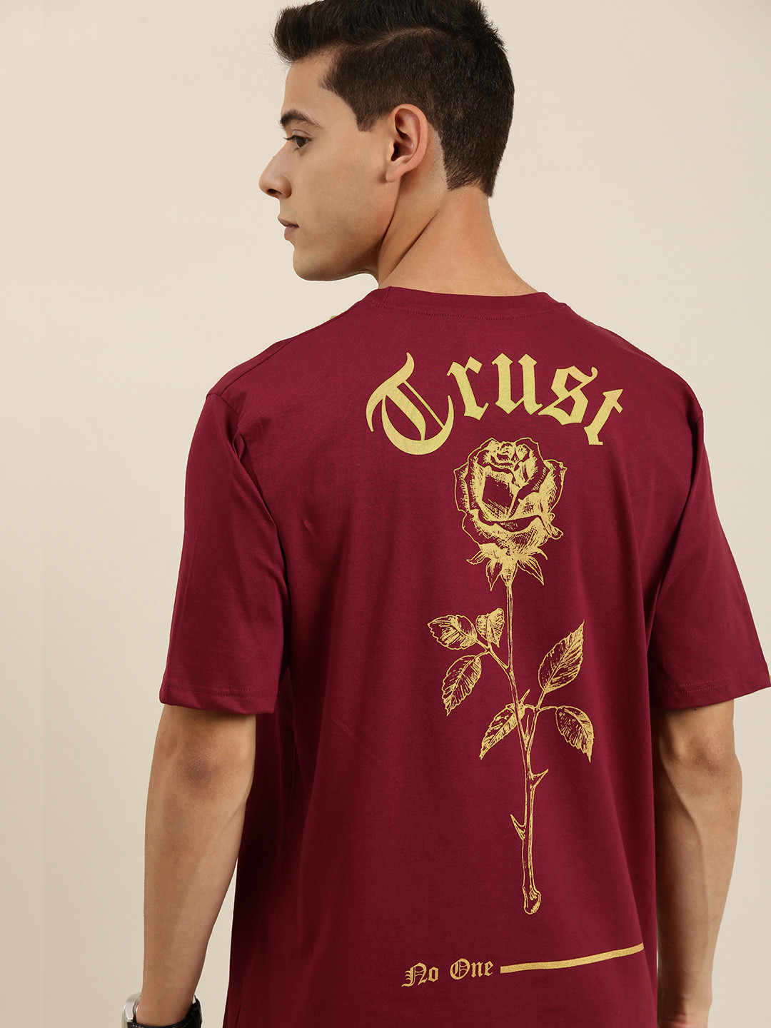Difference of Opinion Men Maroon & Yellow Cotton Printed Drop-Shoulder Oversized T-shirt