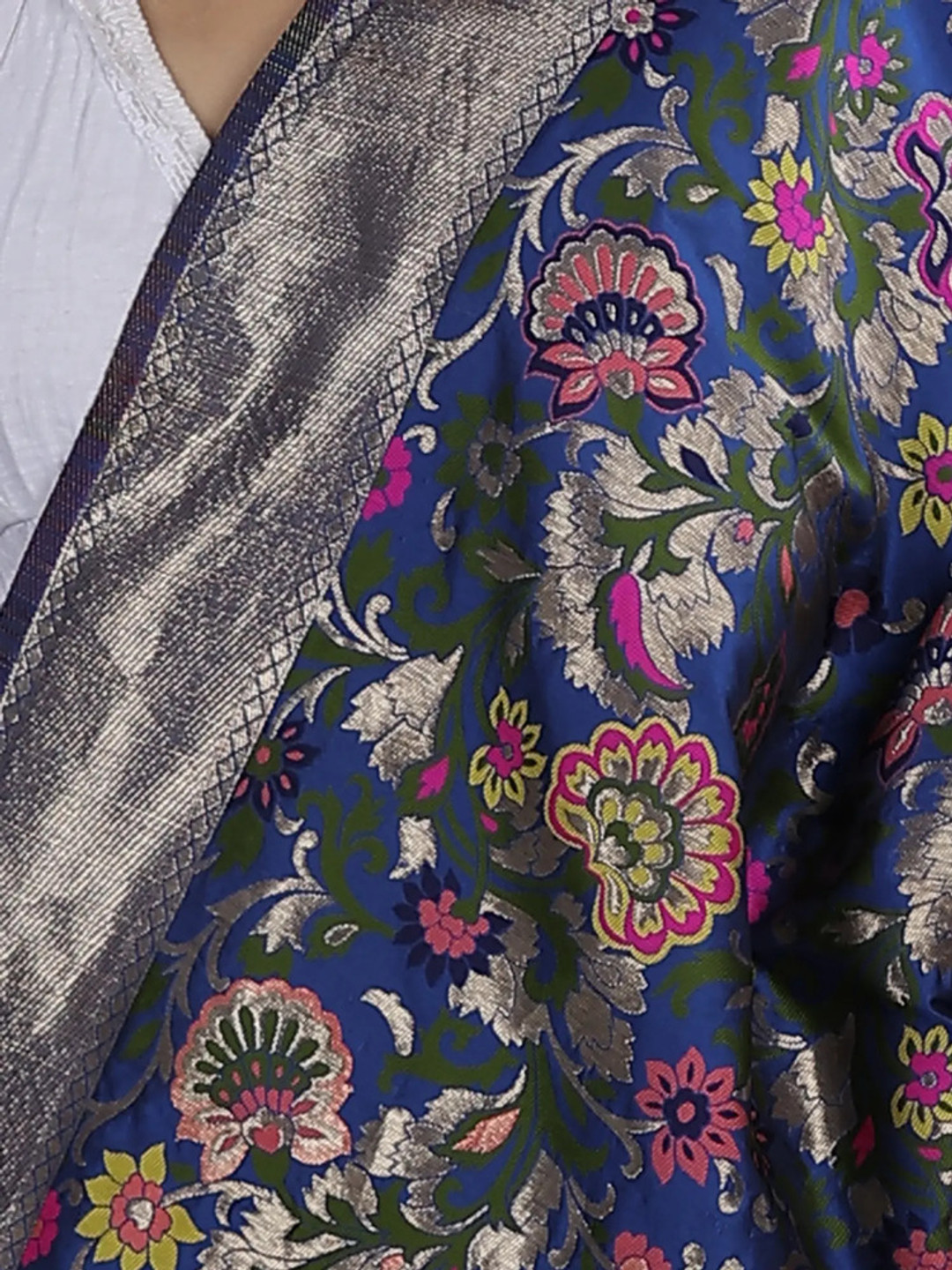 Exotic India Classic Blue Brocade Art Silk Dupatta with Woven Floral Motifs All-Over