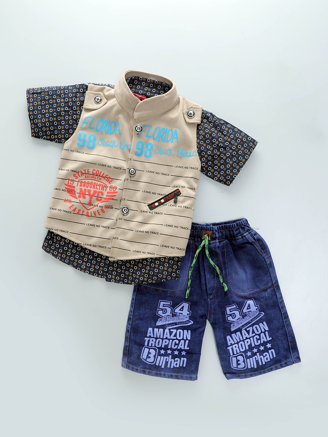 Usman Harooni Collection Boys Printed Mandarin Collar Shirt With Shorts