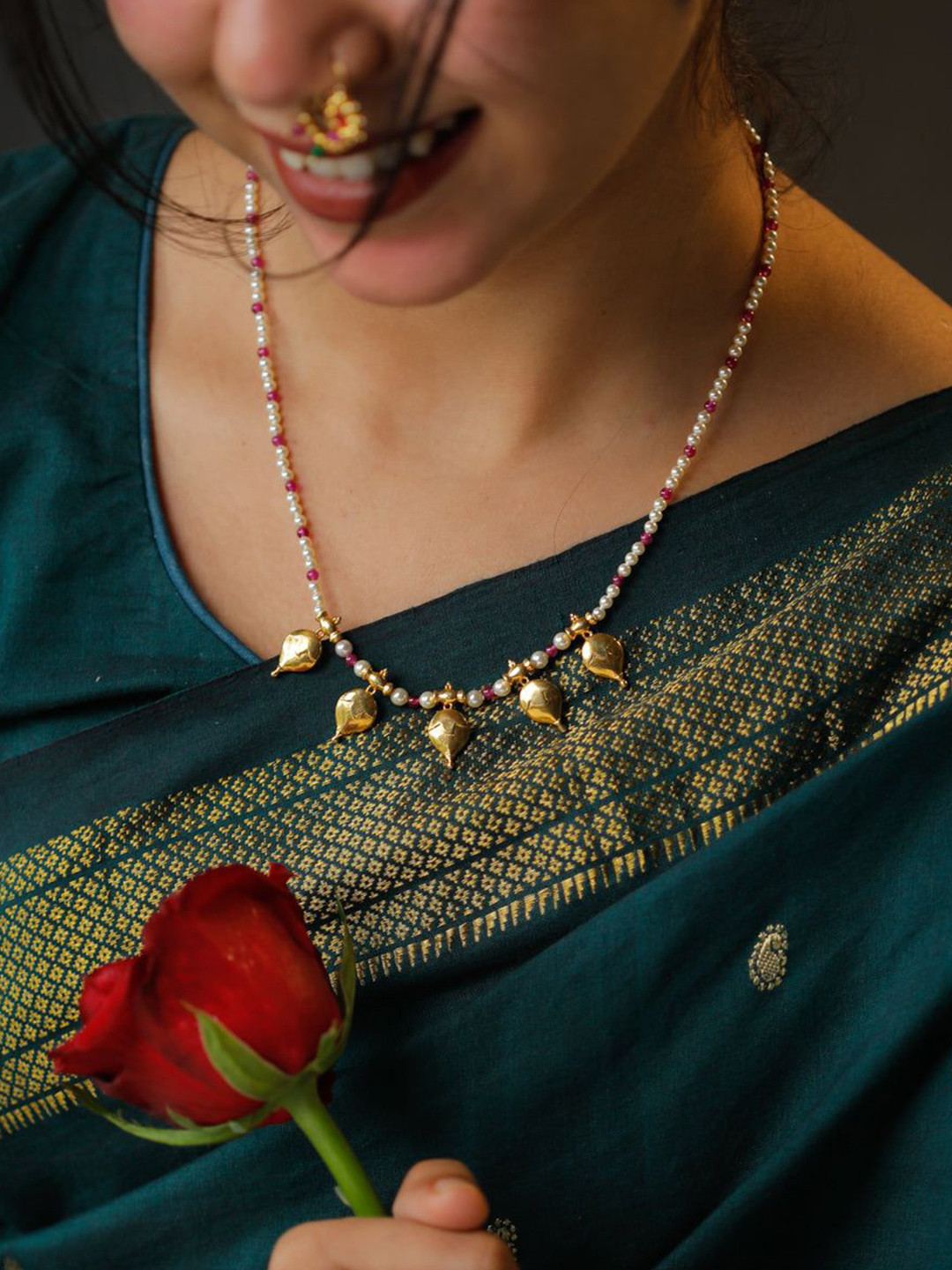 House of Aadyaa Sterling Silver Gold-Plated Ruby and Pearls Necklace