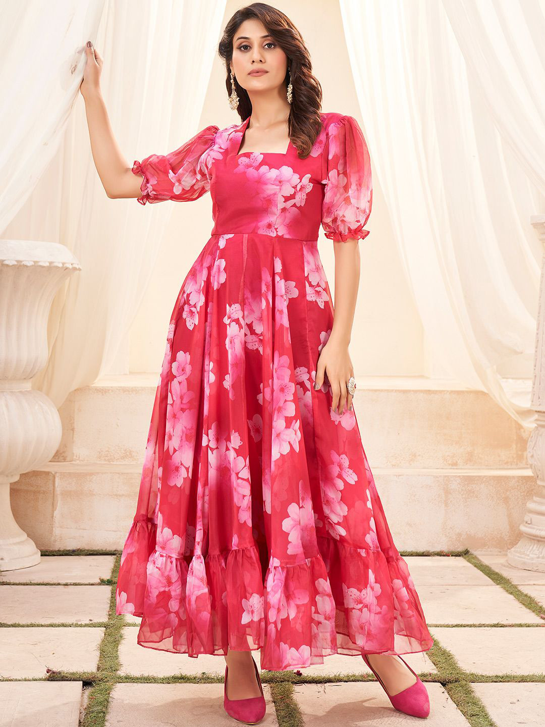 SHINISHA Floral Printed Organza Puff Sleeve Fit & Flare Maxi Dress