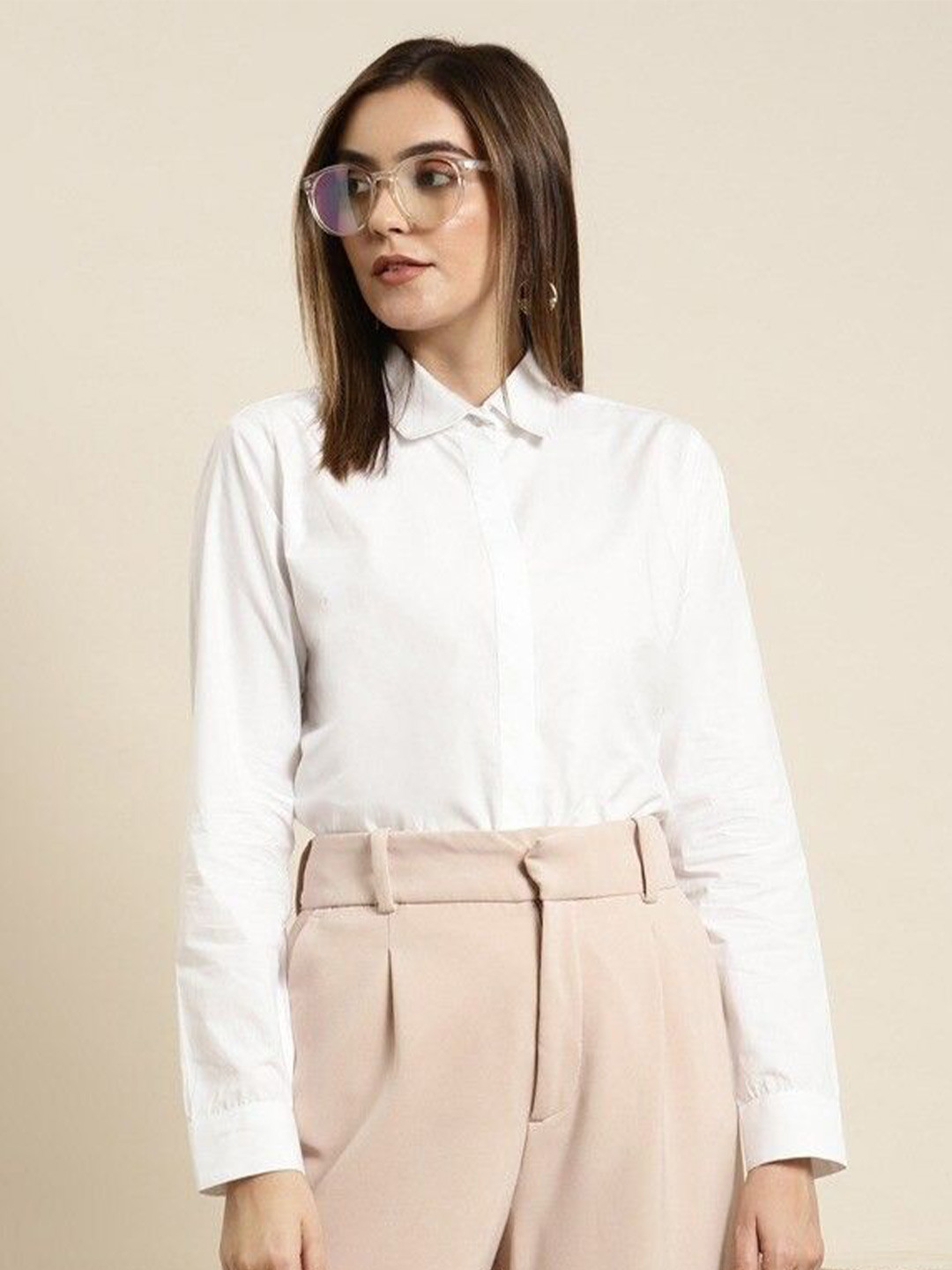 NANCHI Women Comfort Relaxed Fit Spread Collar Solid Cotton Formal Shirt