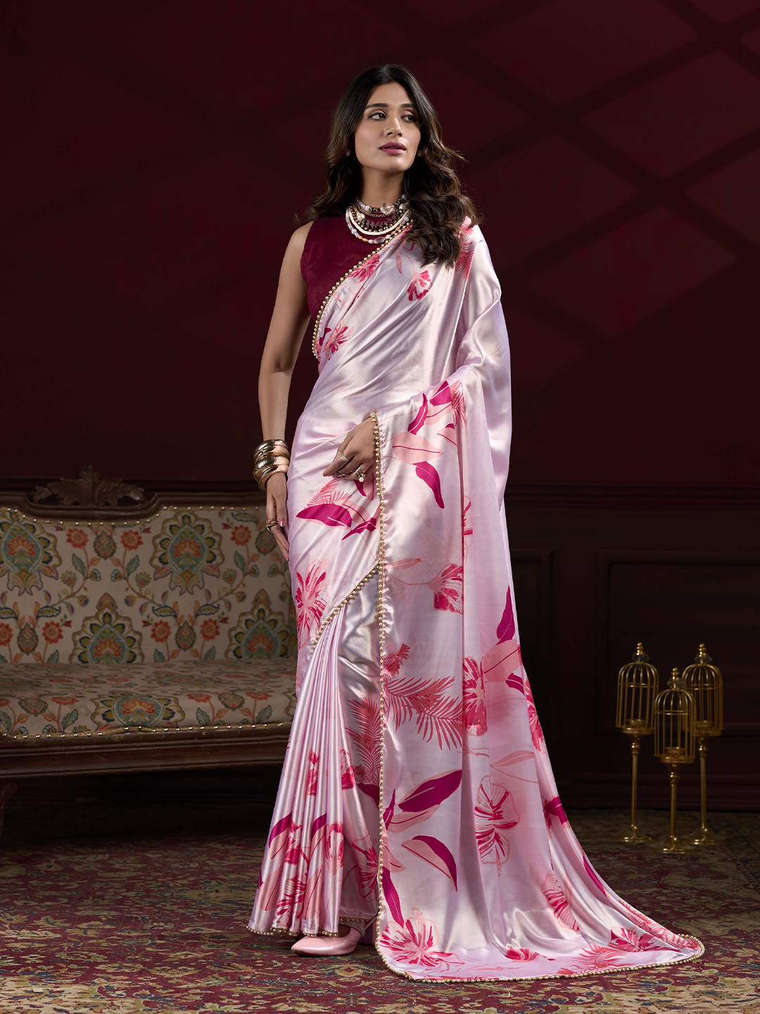 MADHAVPRIYA Floral Beads and Stones Satin Saree