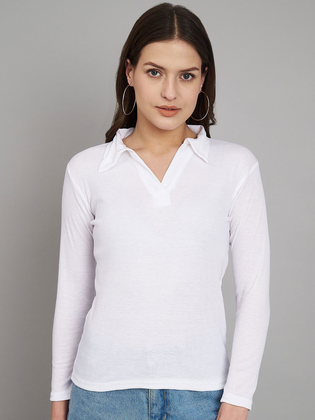 White Regular Solid Shirt Collar Top