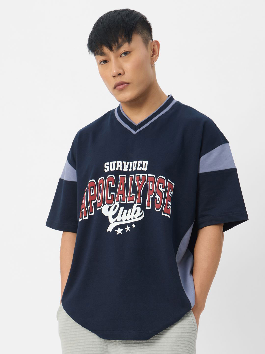 The Souled Store Short Sleeves Men Typography Cotton Printed V Neck Oversized T shirt