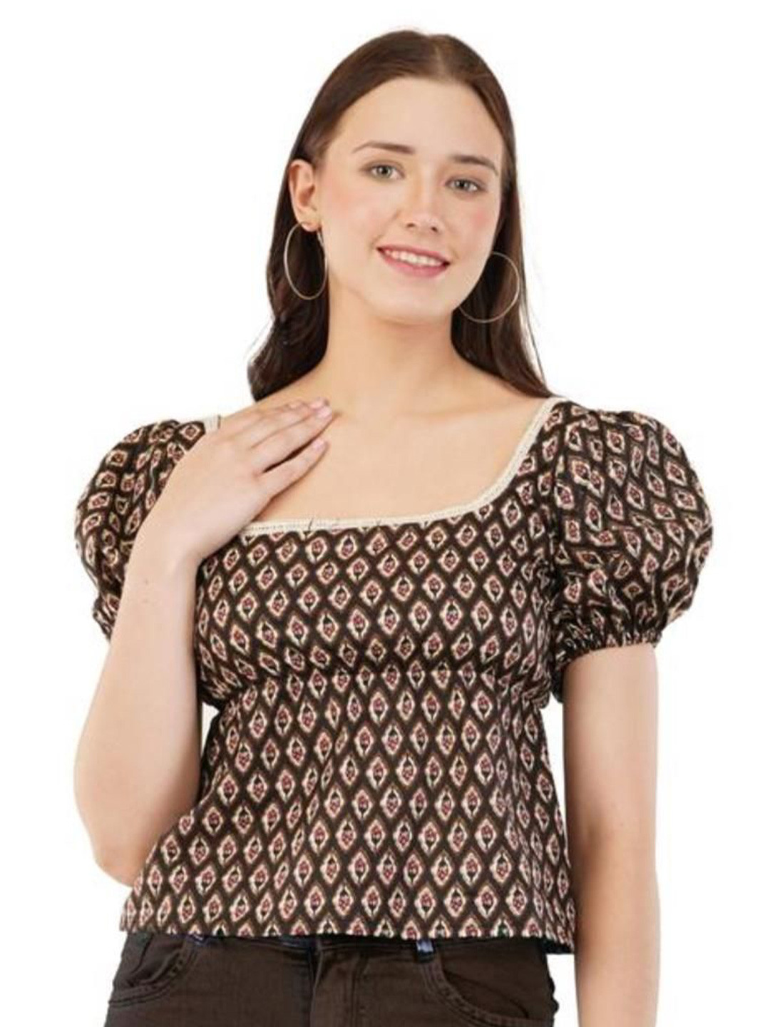 Magnetism Jaipuri Traditional Bagru Print Puff Sleeve Cotton Top with Detachable Linning