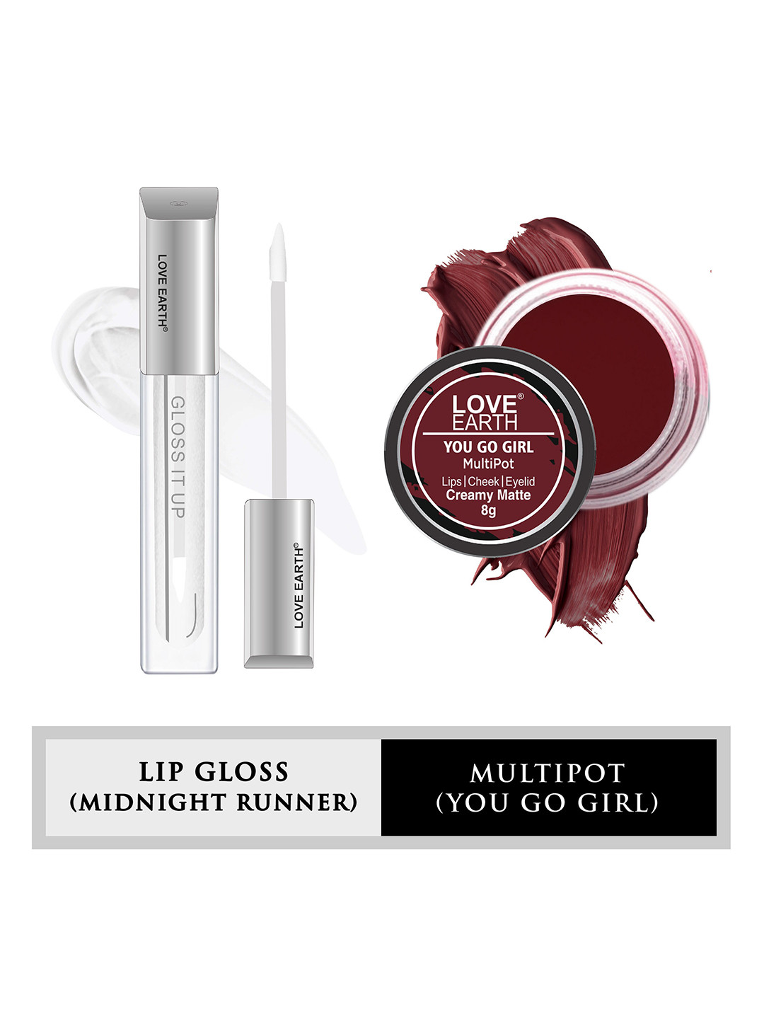 LOVE EARTH Set Of 2 Lip Tint & Cheek Tint Multipot - 8g-Gloss It Up Lip Gloss - 3ml