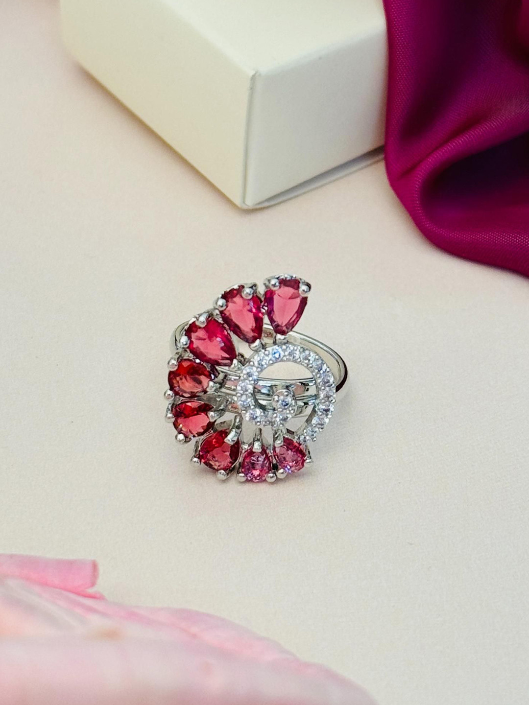 ABDESIGNS Exquisite Silver Plated American Diamond Stone Studded Ring