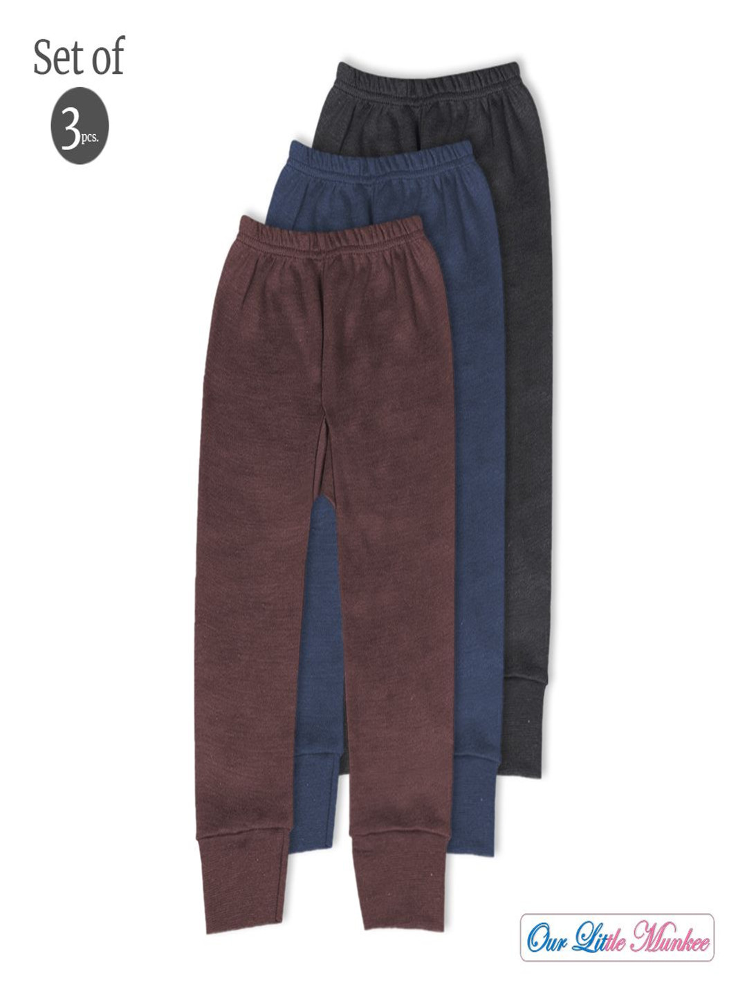 OUR LITTLE MUNKEE Kids Pack Of 3 Mid-Rise Cotton Thermal Bottoms