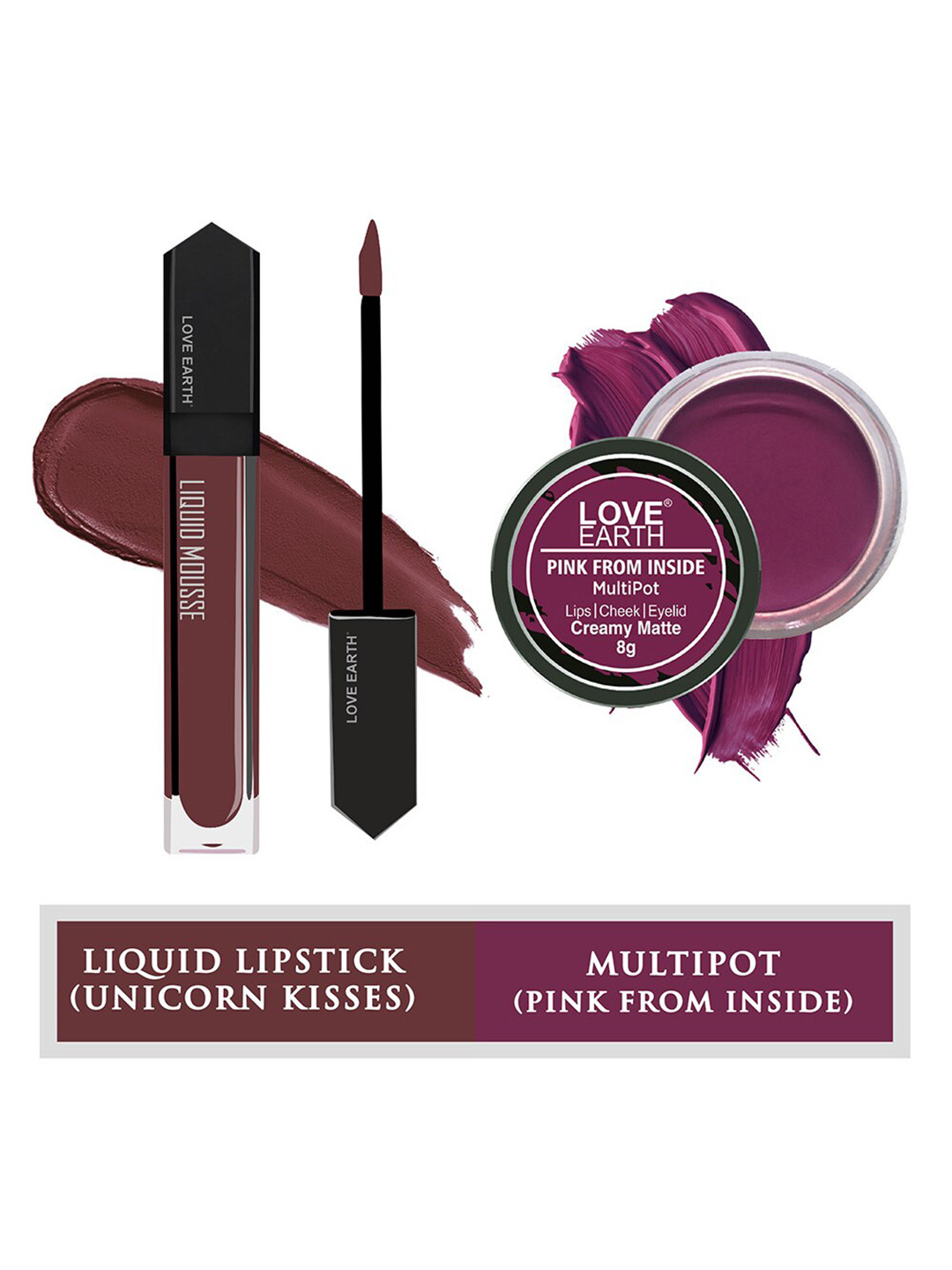 LOVE EARTH 2-Pcs Mousse Lipstick & Creme Matte Multipot-Unicorn Kisses-Pink From Inside