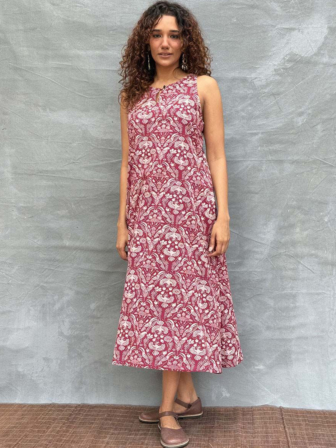 Chidiyaa Soil Feathered Grace Blockprinted Cotton Dress