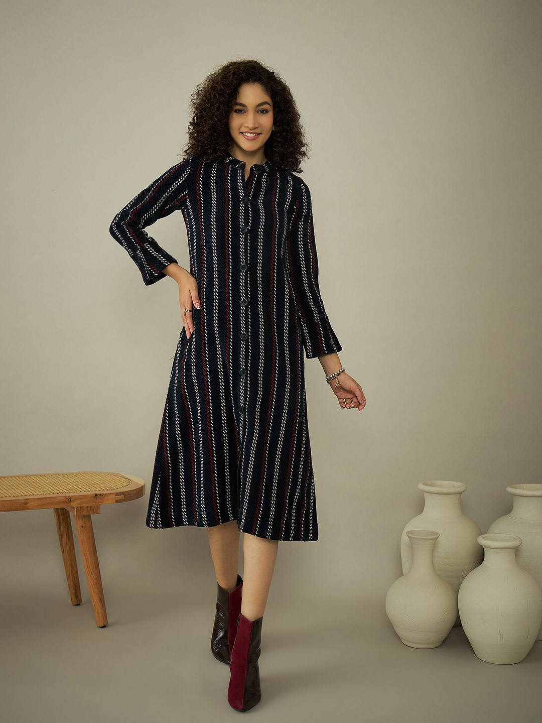 STADO Striped Woollen A-Line Midi Dress
