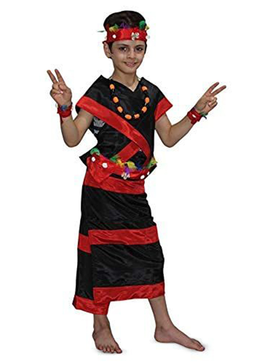 Kaku Fancy dresses Kids Colourblocked Tribal Dance Costume Rapround With Stole & Head Band