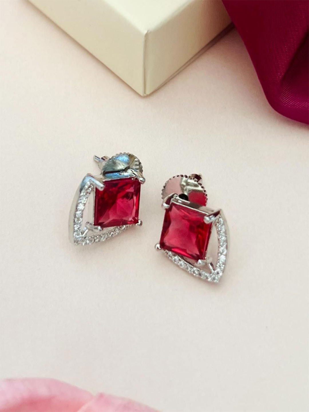 ABDESIGNS Silver-Plated Geometric American Diamond Studded Studs