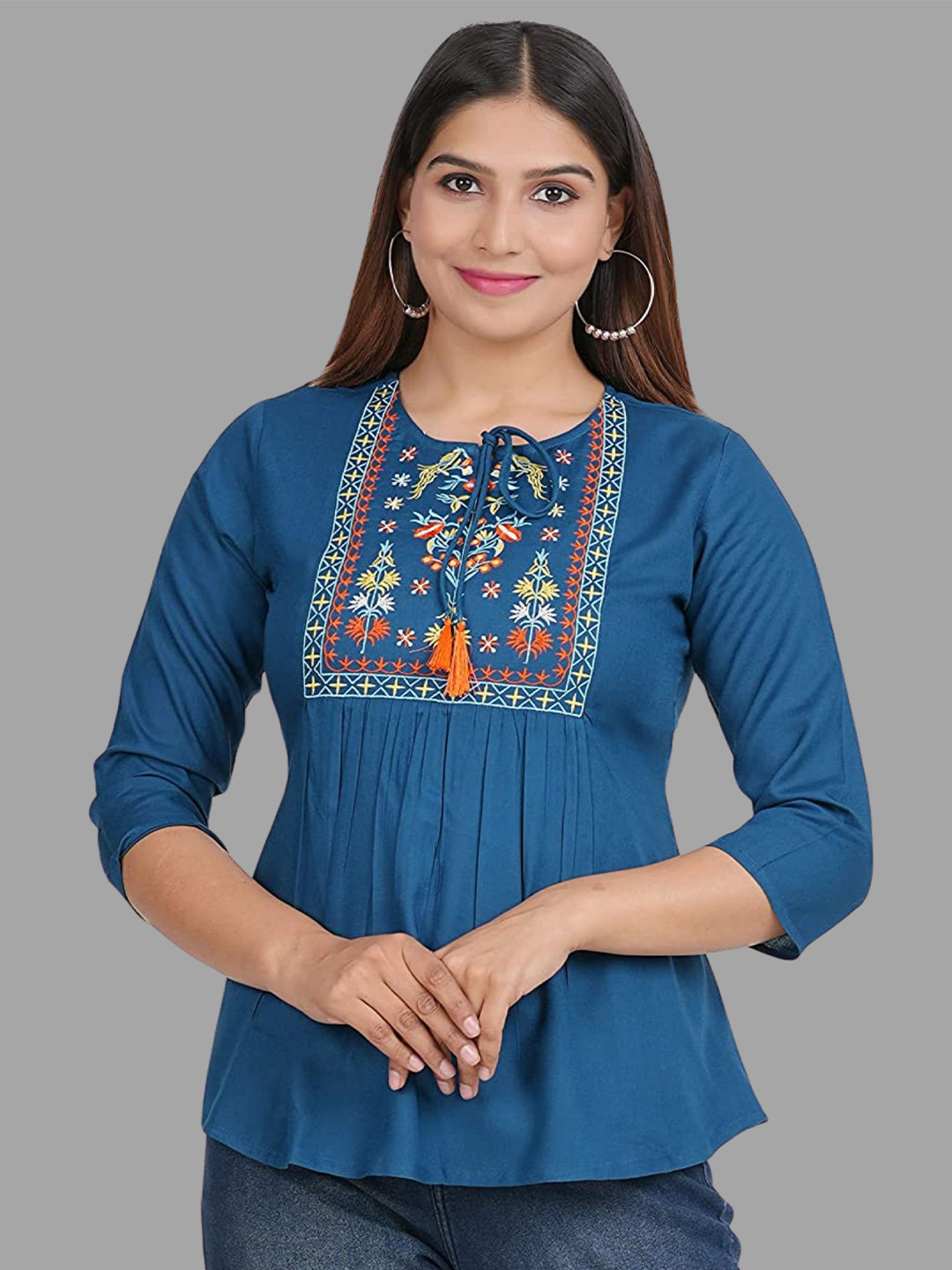 AVAYAYAT Women Embroidered Tie-Up Neck A-Line Top