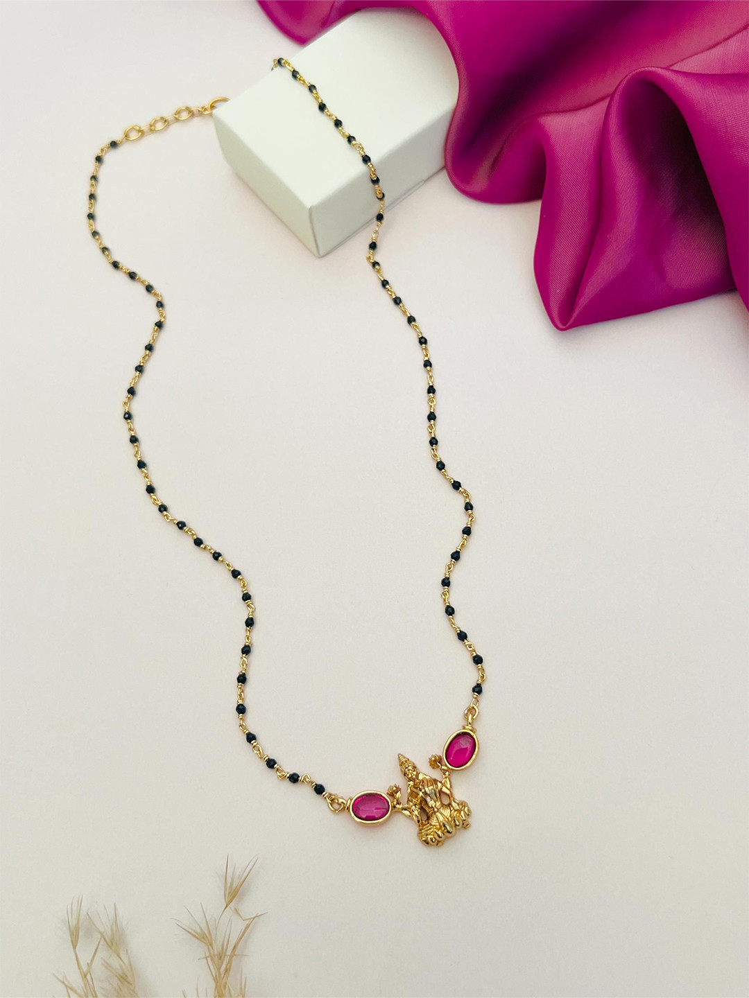 ABDESIGNS Gold-Plated Kemp Stone Studded and Beaded Lakshmi Goddess Temple Mangalsutra