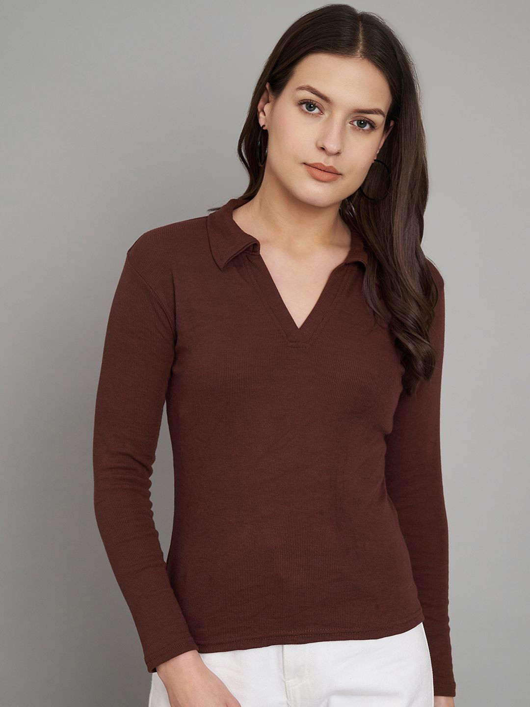 Brown Regular Solid Shirt Collar Top