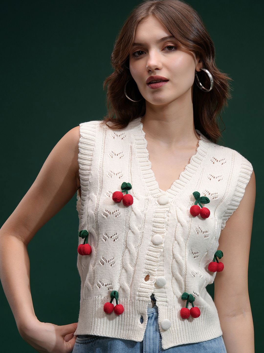 Tokyo Talkies Women Embellished Sleeveless Cardigan Sweater