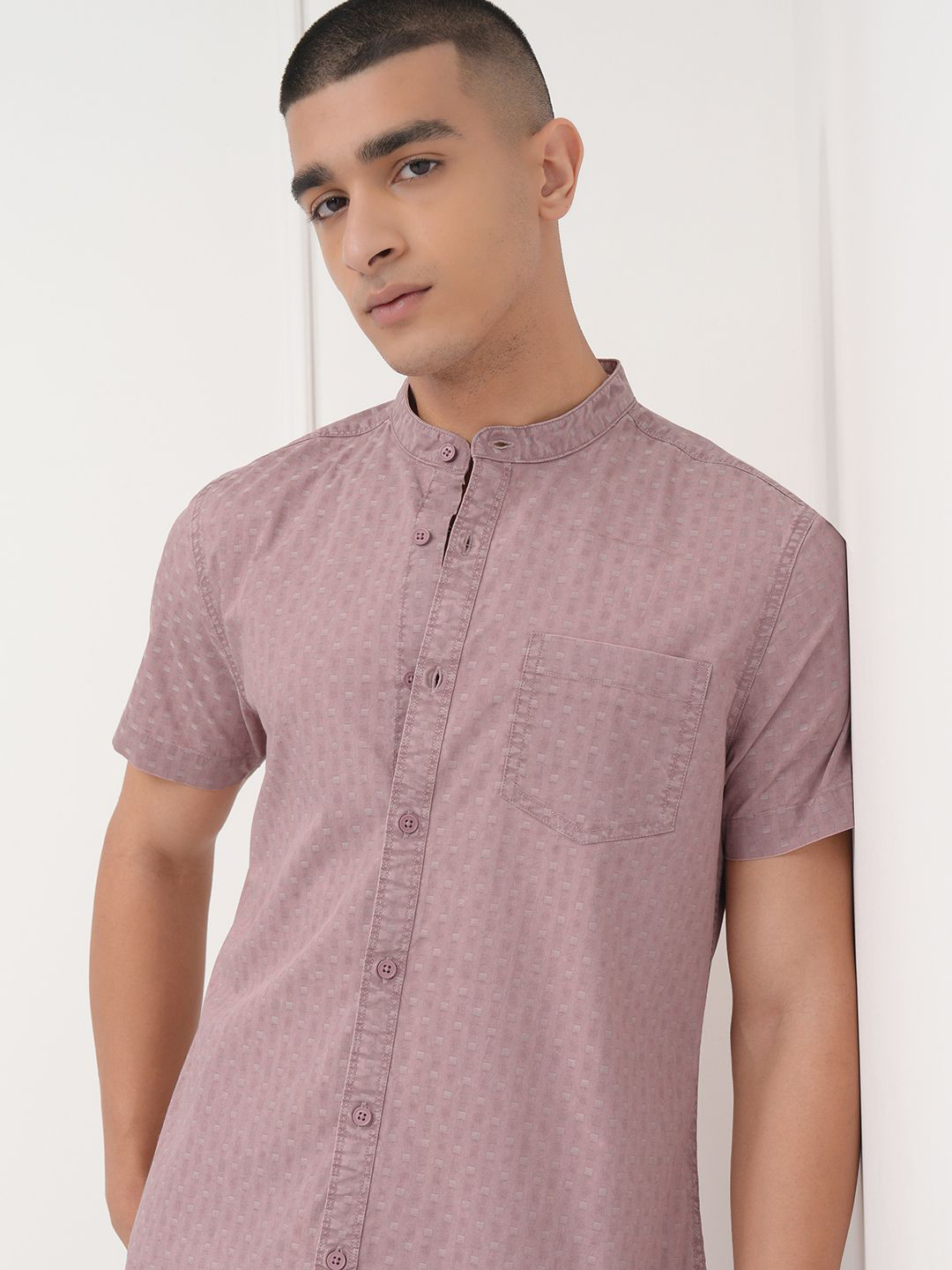 HIGHLANDER Men Sulphur Washed Mandarin Collar Slim Fit Casual Shirt