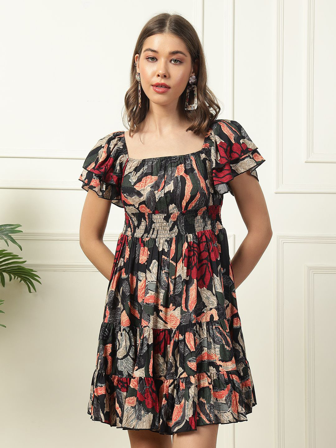 DEEBACO Women Floral Printed Tiered Bell Sleeve Fit & Flare Dress