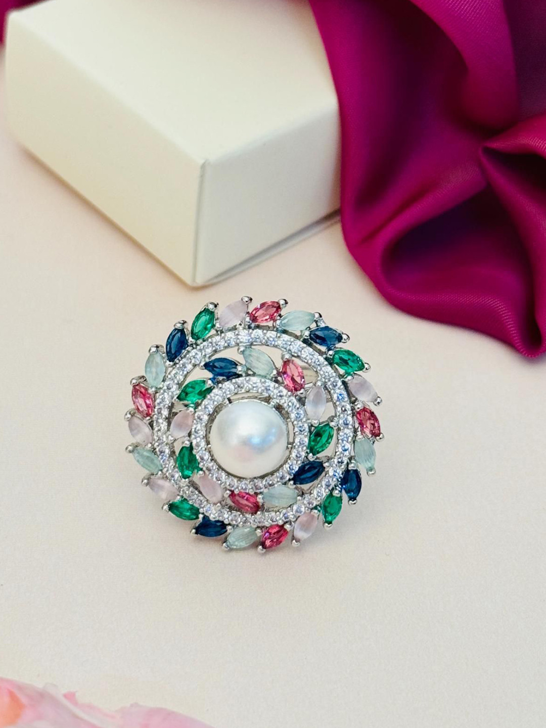 ABDESIGNS Exquisite Silver Plated American Diamond Stone Studded Ring