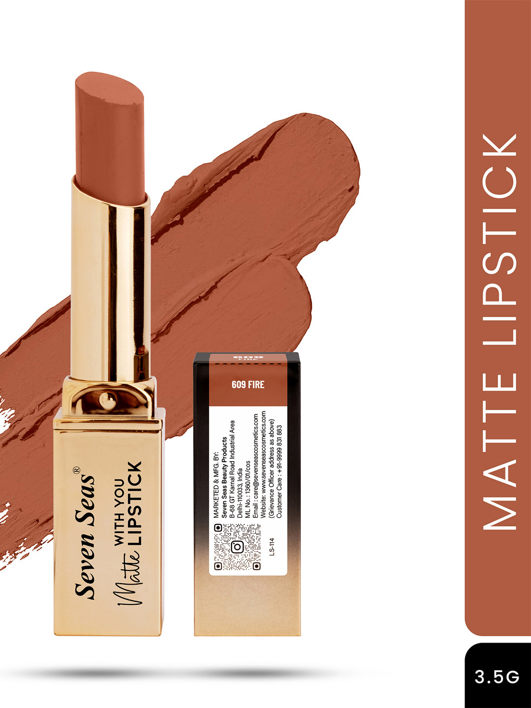 Seven Seas Matte With You Smooth & Soft Long Lasting Lipstick 2.5g - Fire 609