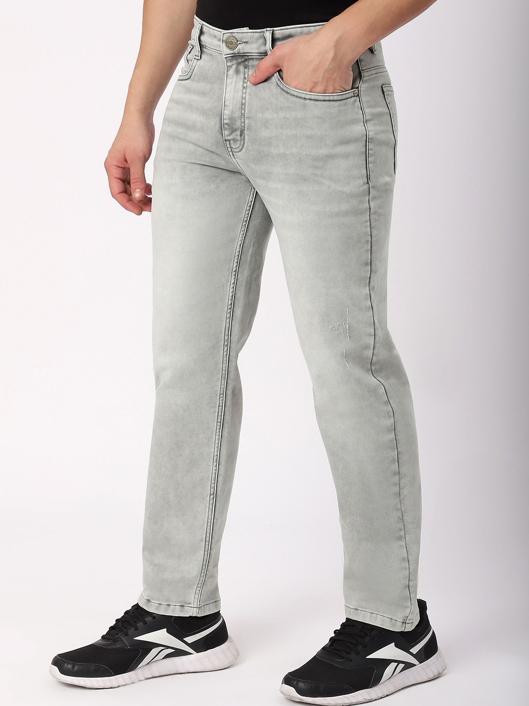 Beyoung Men Light Grey Whisker Regular Fit Jeans