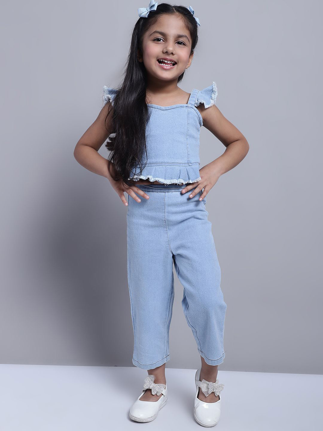 Superminis Girls Square Neck Sleeveless Denim Top With Trousers