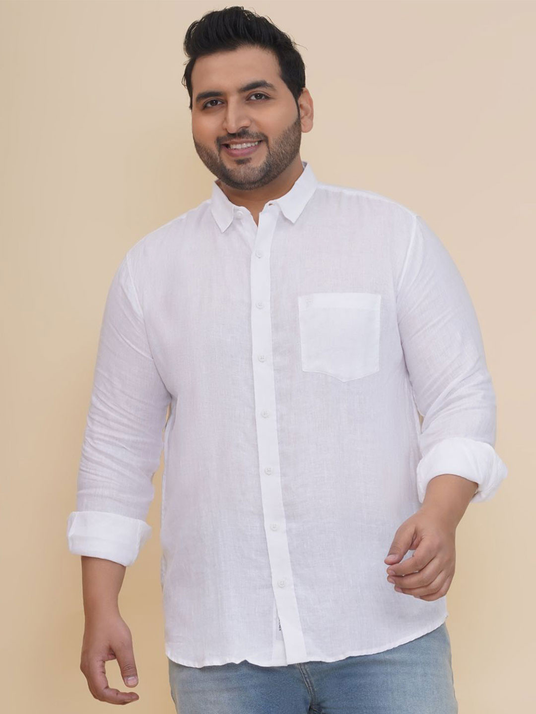 John Pride Men Plus Size Opaque Casual Pure Linen Shirt