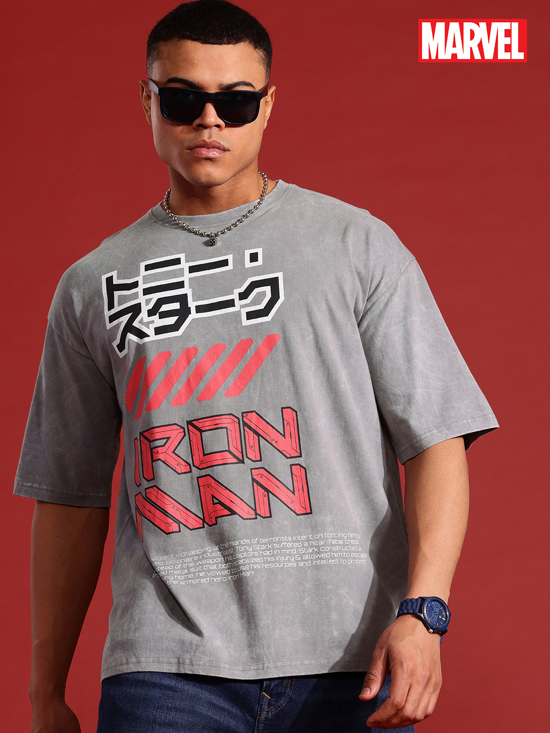 MARVEL STREET Cyber Punk Iron Man Print Washed Oversized Pure Cotton T-shirt