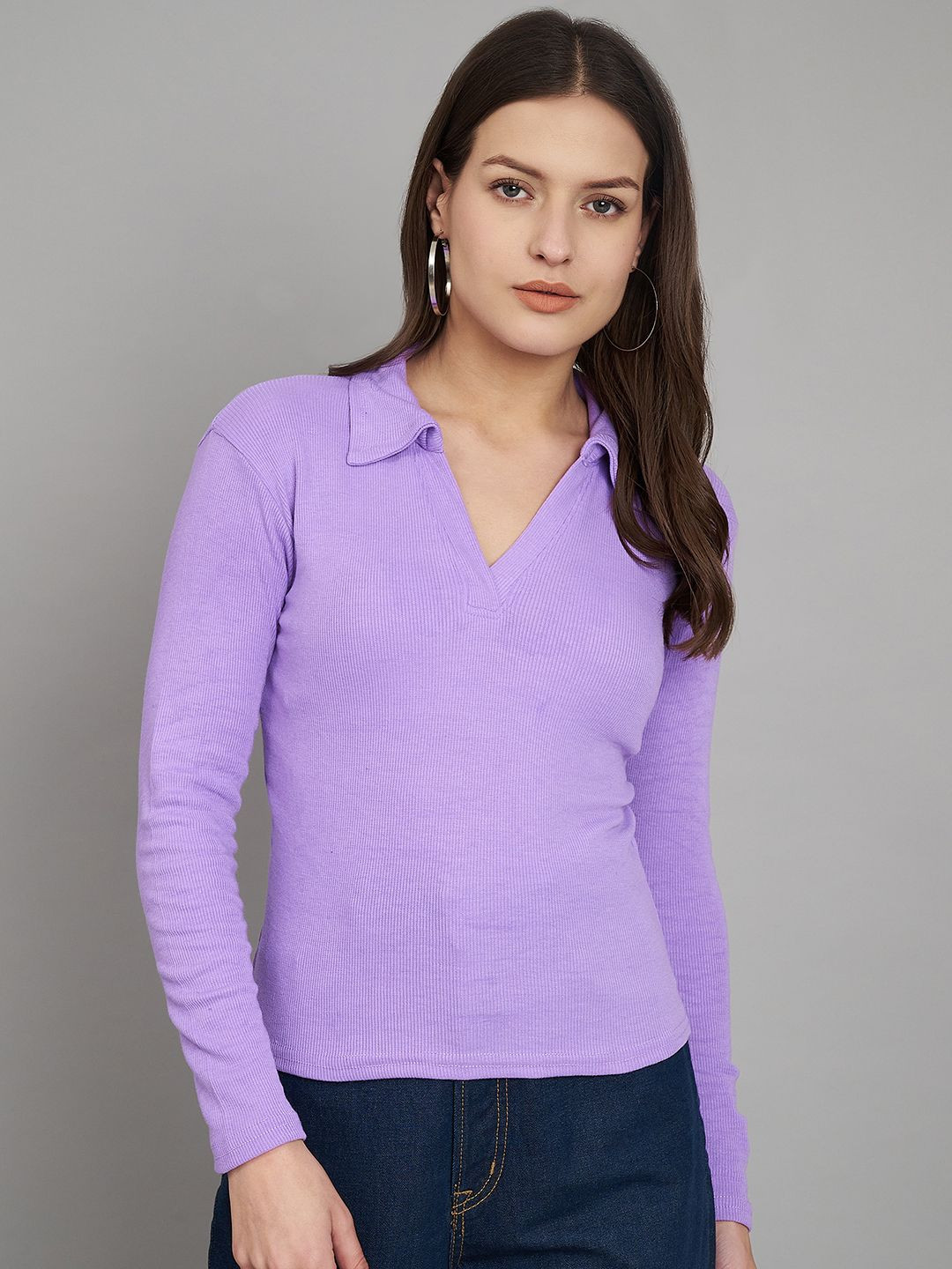Purple Regular Top with Shirt Collar