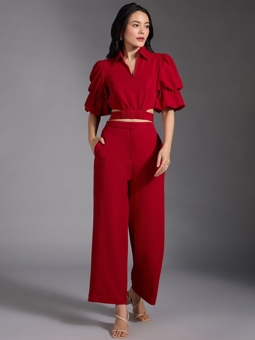 20Dresses Maroon Shirt Collar Short Sleeves Top With Trouser