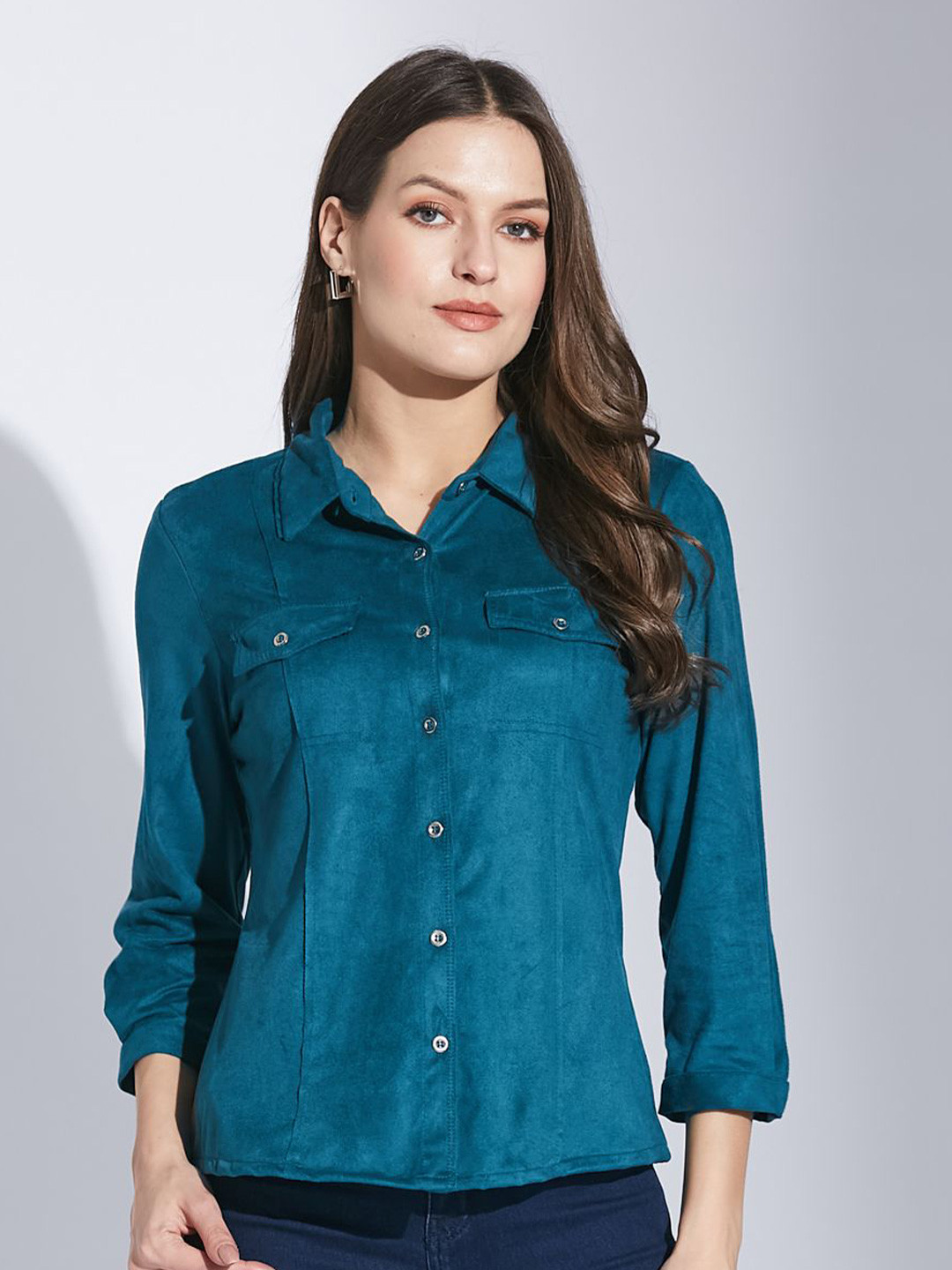 Latin Quarters Women New Fit Spread Collar Solid Casual Shirt