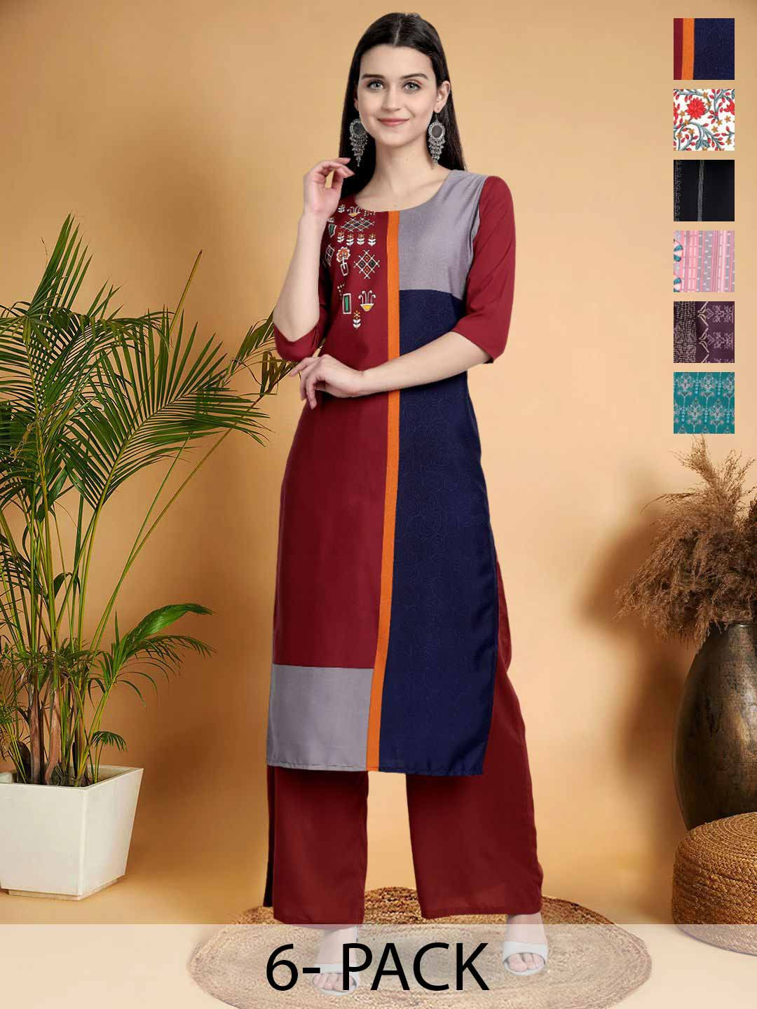 7Threads Selection Of 6 Color Blocked Round Neck Straight Kurtas
